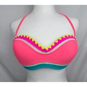 OP Ocean Pacific Neon Bandeau Bikini Top L 11-13 Removable Halter Strap Y2K Padd